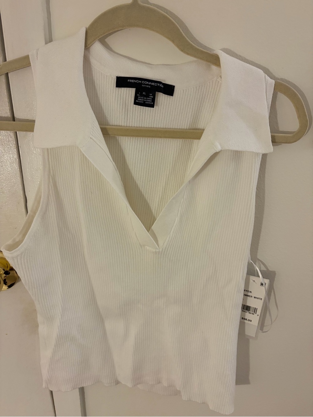 French Connection White Ribbed V-Neck Polo Tank